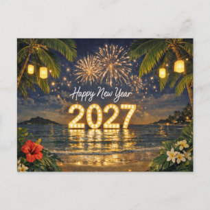 Tropisch Vuurwerk Zonsondergang Gelukkig Nieuwjaar Feestdagenkaart