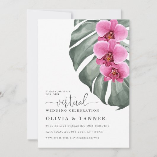 Tropisch warm roze orchideeën virtueel huwelijk kaart (Voorkant)