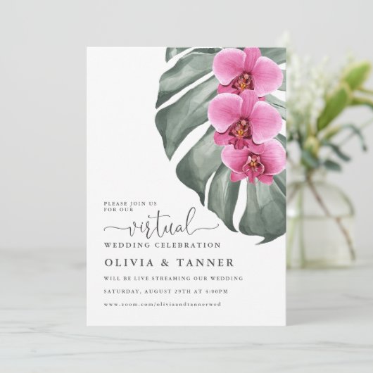 Tropisch warm roze orchideeën virtueel huwelijk kaart (Staand voorkant)
