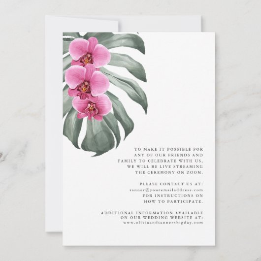 Tropisch warm roze orchideeën virtueel huwelijk kaart (Achterkant)
