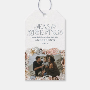 Tropisch warme kerstzeeen begroetingen foto blauw cadeaulabel