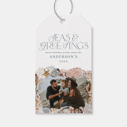 Tropisch warme kerstzeeen begroetingen foto blauw cadeaulabel (Voorkant)