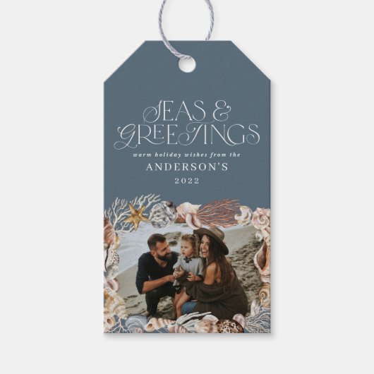 Tropisch warme kerstzeeen begroetingen foto blauw cadeaulabel (Voorkant)