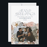 Tropisch warme kerstzeeen begroetingen foto blauw feestdagenkaart<br><div class="desc">Tropisch warme zeeen met blauw kerstfeest en groeten modern,  elegant,  leuk fotovakantiekaartontwerp</div>