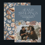 Tropisch warme kerstzeeen begroetingen foto blauw feestdagenkaart<br><div class="desc">Tropisch warme zeeen met blauw kerstfeest en groeten modern,  elegant,  leuk fotovakantiekaartontwerp</div>