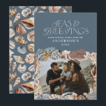 Tropisch warme kerstzeeen begroetingen foto blauw feestdagenkaart<br><div class="desc">Tropisch warme zeeen met blauw kerstfeest en groeten modern,  elegant,  leuk fotovakantiekaartontwerp</div>