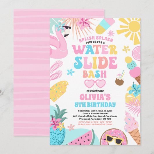 Tropisch Water Slide Zomer Verjaardagsfeest Kaart (Voorkant / Achterkant)