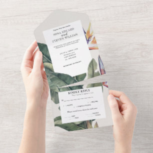 Tropisch watercolor bruiloft met bananenbladeren  all in one uitnodiging