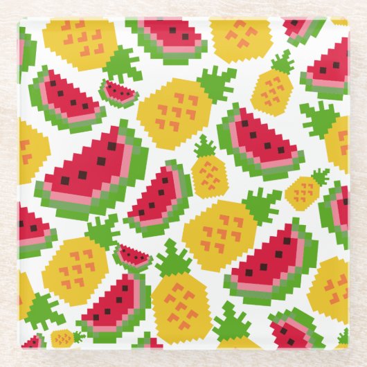 Tropisch watermeloen en ananas pixelpatroon glazen onderzetter (Voorkant)