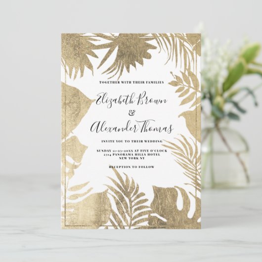 Tropisch wit bladblad lijst floral bruiloft kaart (Staand voorkant)