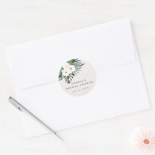Tropisch wit bloemengebladerte ronde sticker (Envelop)