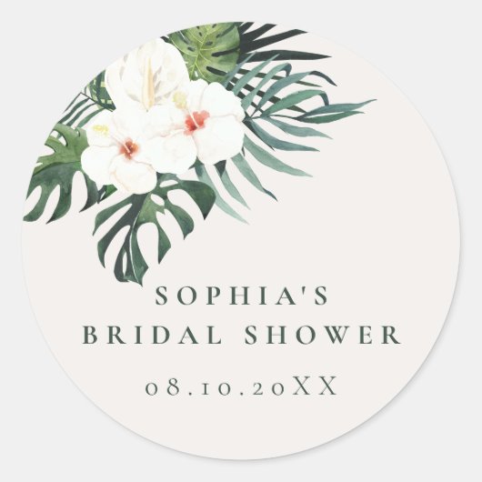 Tropisch wit bloemengroen ronde sticker (Voorkant)