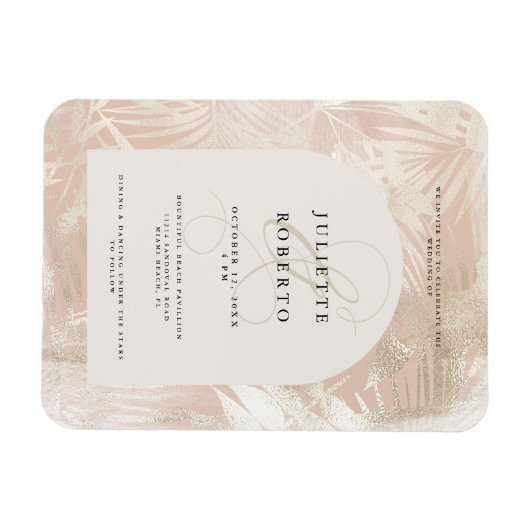 Tropisch wit/goud palmblad zomer bruiloft foto magneet (Horizontaal)