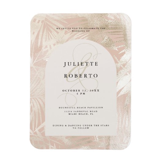 Tropisch wit/goud palmblad zomer bruiloft foto magneet (Verticaal)