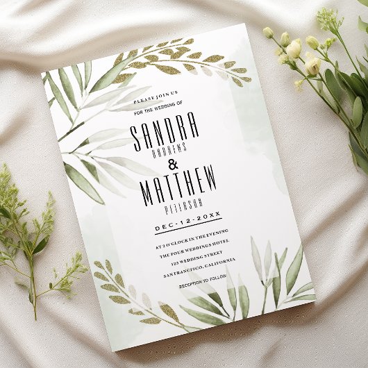 Tropisch wit groen goud glitter bladeren Bruiloft Kaart