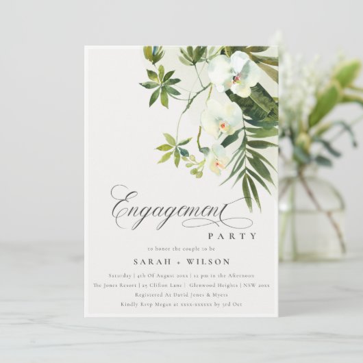 Tropisch wit orchidee palm fauna Verloving Invite Bedankkaart (Staand voorkant)