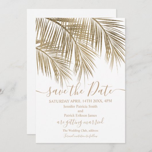 tropisch witte goudpalmboom, behalve de datum save the date (Voorkant / Achterkant)