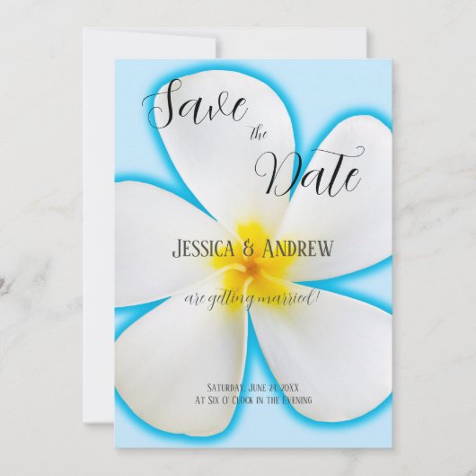 Tropisch, witte Plumeria op blauw, bloemmotief, tr Save The Date (Voorkant)