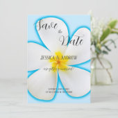 Tropisch, witte Plumeria op blauw, bloemmotief, tr Save The Date (Staand voorkant)