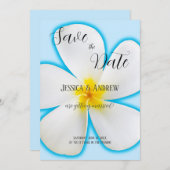 Tropisch, witte Plumeria op blauw, bloemmotief, tr Save The Date (Voorkant / Achterkant)