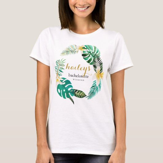 Tropisch Wreath Bachelorette Weekend met naam T-shirt (Voorkant)