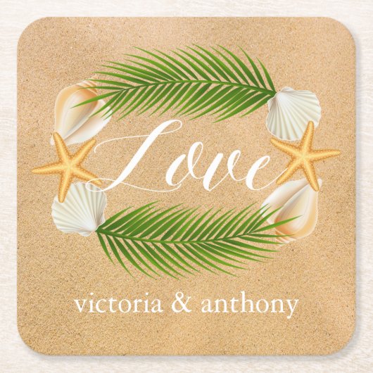 Tropisch Wreath Sandy Beach Wedding Kartonnen Onderzetters (Voorkant)