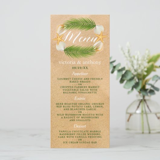 Tropisch Wreath Sandy Beach Wedding Menu (Staand voorkant)