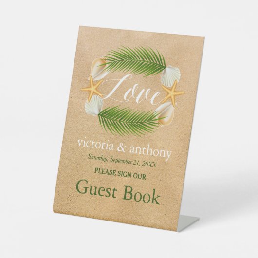 Tropisch Wreath Sandy Beach Wedding Reclamebord Met Voetstuk (Voorkant)