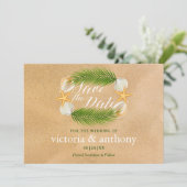 Tropisch Wreath Sandy Beach Wedding Save The Date (Staand voorkant)