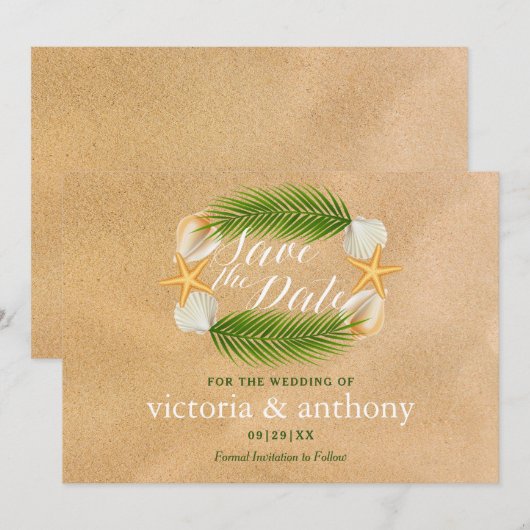 Tropisch Wreath Sandy Beach Wedding Save The Date (Voorkant / Achterkant)
