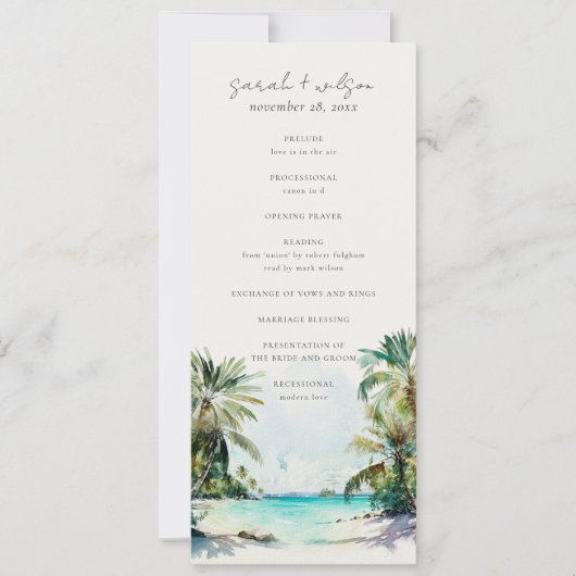 Tropisch zand Beach Palm Trees Wedding Programme Kaart (Voorkant)