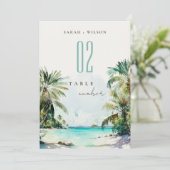 Tropisch Zand Strand Palm Tree Trouwtafel Nummer Kaart (Staand voorkant)