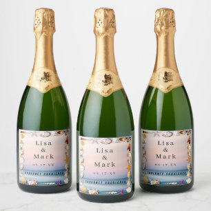 Tropisch zandstrand en zeeschellen Wijnlabels Sparkling Wijnetiket