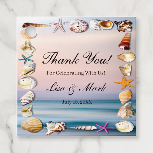 Tropisch zandstrand en zeeschelpen bedankjes labels (Voorkant)