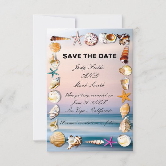 Tropisch zandstrand en zeeschelpen sparen de datum notitiekaartje (Voorkant)