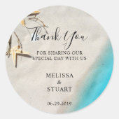 Tropisch zee en zeester strand Dank je bruiloft Ronde Sticker (Voorkant)