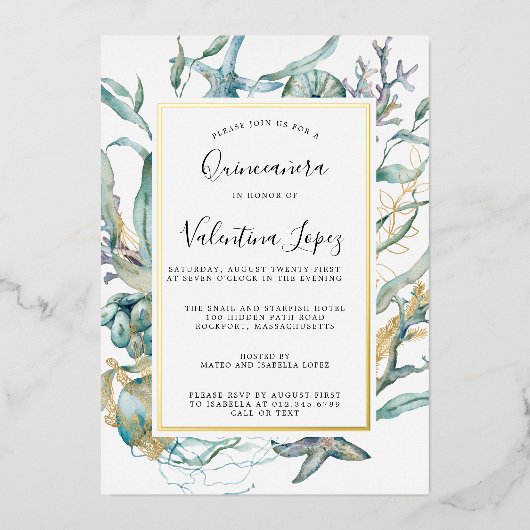 Tropisch Zee onderwater Botanische Quinceanera Folie Uitnodiging (Voorkant)