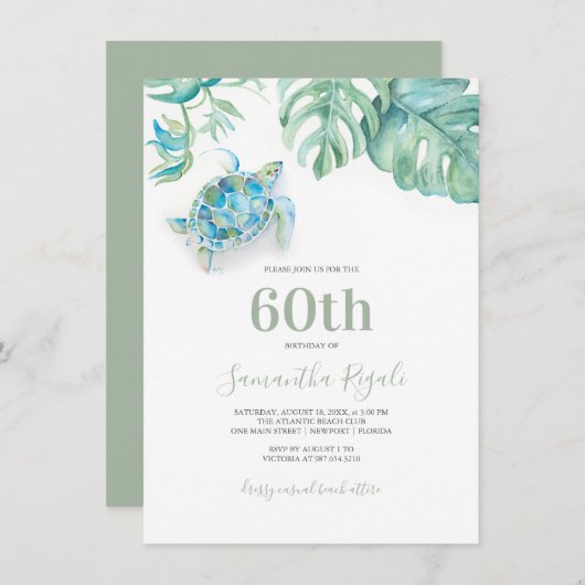 Tropisch Zee schildpad 60e verjaardag uitnodiging (Voorkant / Achterkant)