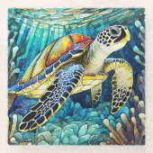 Tropisch Zee schildpad Glas in lood kunst Glazen Onderzetter (Voorkant)
