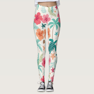 Tropisch Zee Schildpad Patroon   Hibiscus Palmboom Leggings