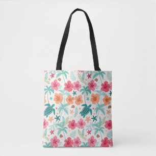 Tropisch Zee Schildpad Patroon Hibiscus Palmboom Tote Bag