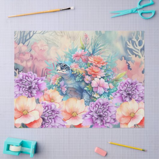 Tropisch Zee Schildpad & Waterverf Bloemen Tissuepapier (Craft)