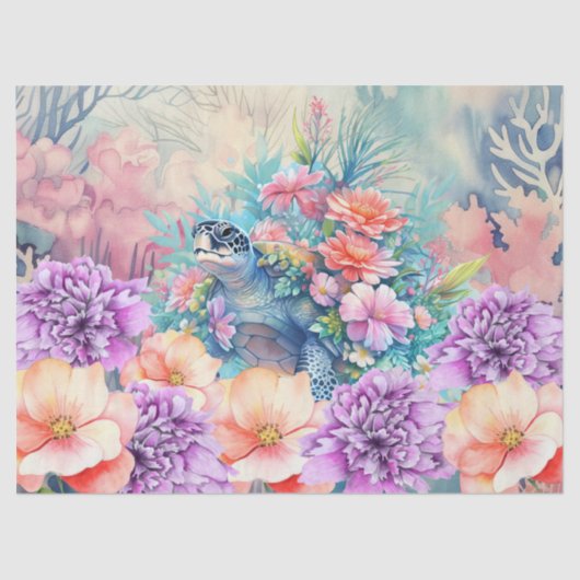 Tropisch Zee Schildpad & Waterverf Bloemen Tissuepapier (Voorkant)