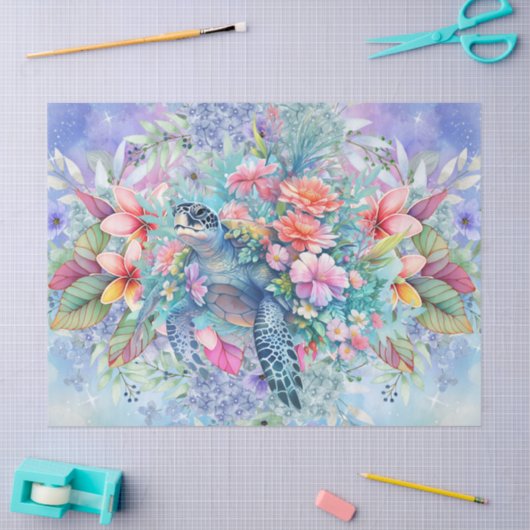 Tropisch Zee Schildpad & Waterverf Bloemen Tissuepapier (Craft)