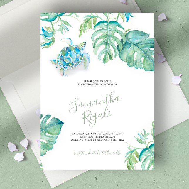 Tropisch Zee Schroefschildpad Vrijgezellenfeest (bridal shower invitation tropical watercolor sea turtle by Victoria Grigaliunas)
