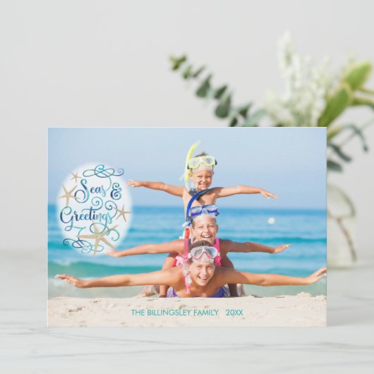 Tropisch "Zeeen EN groeten" Turquoise Script Kaart (Staand voorkant)