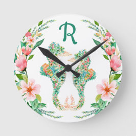 Tropisch zeepaardje Waterverf Floral monogram Ronde Klok