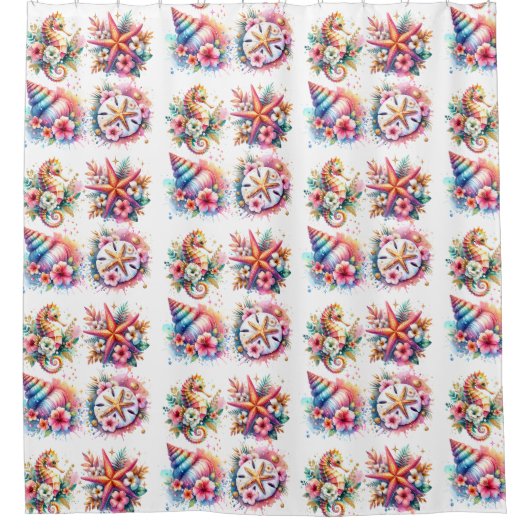 Tropisch zeepaardje, zeesterren, zeeschelp kust douchegordijn (Voorkant)