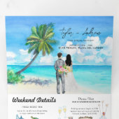 Tropisch zeestrand | Illustratief huwelijk Drieluik Uitnodiging (Binnenzijde eerst)