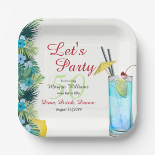 Tropisch Zomer Blauw Cocktail 50ste Verjaardagsfee Papieren Bordje